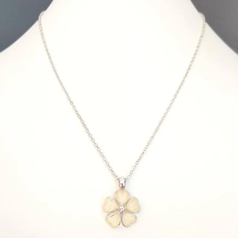 Cream flower pendant necklace with cz center and silver accents